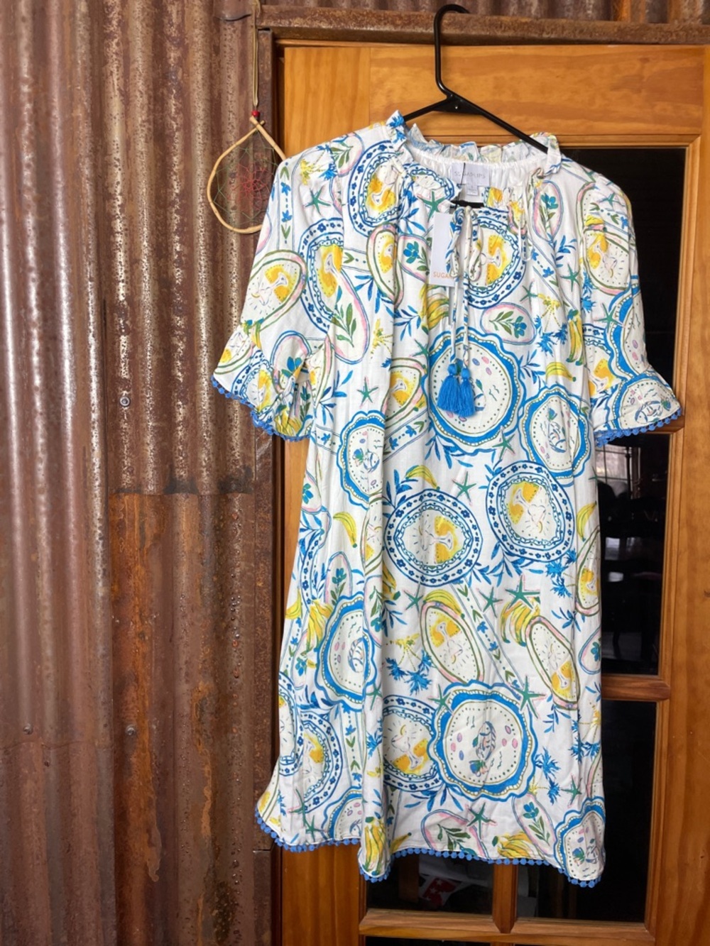 Sugarlips Multicolor Floral-Print Top with Blue Crochet Accents, Size S